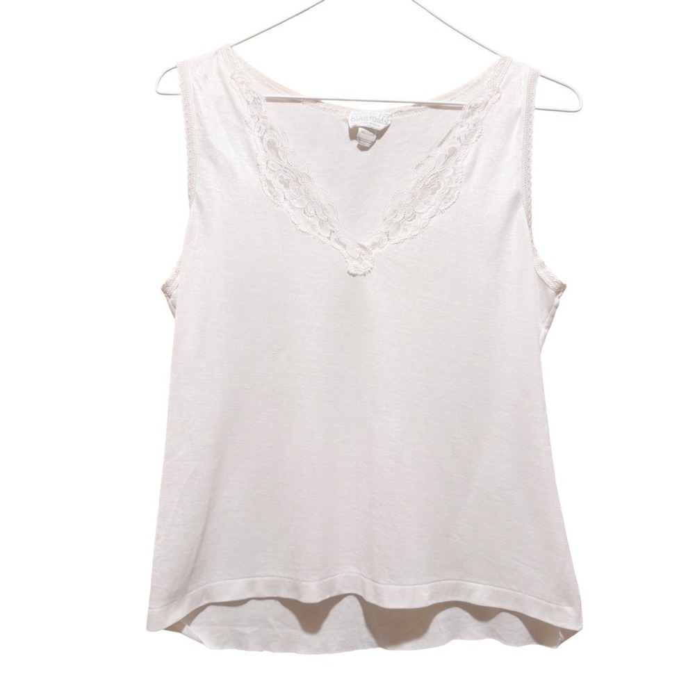 Vintage 80s Cuddl Duds Lace Trim Tank Top White‎ V-Neck Made in USA Medium
